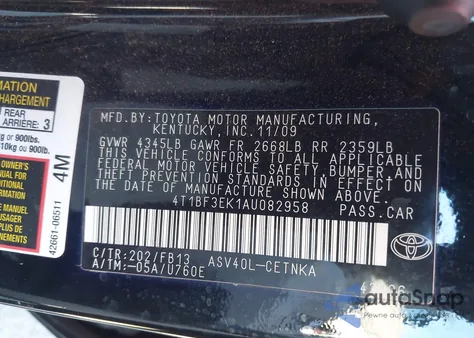 2010 Toyota Camry Le z USA, uszkodzony, nr VIN 4T1BF3EK1AU082958